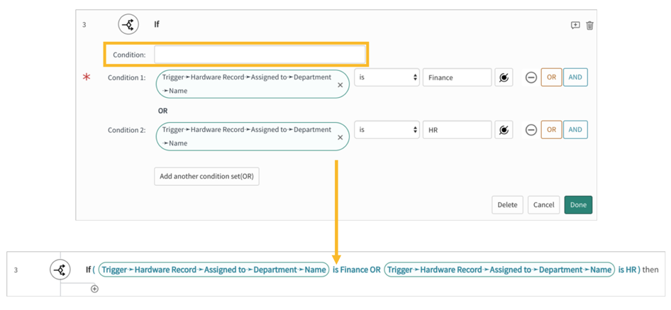 If flow logic configuration without a Condition Label displays the conditions for the if statement.