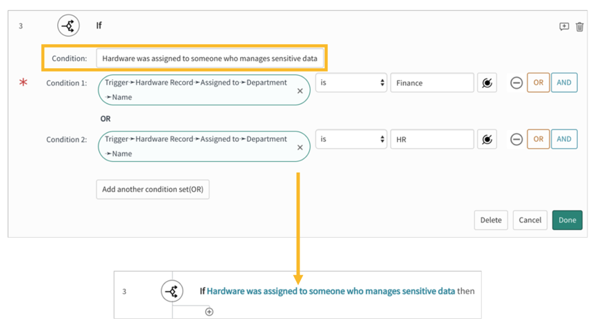 If flow logic configuration with a Condition Label displays a user friendly If statement.