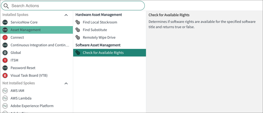 Some of the readily installed Spokes available as Actions in the Flow Editor