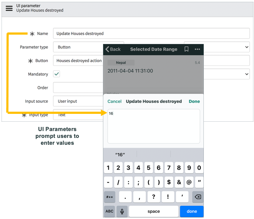 The value in the Name field in a UI Parameter is the propmt users see on the screen.